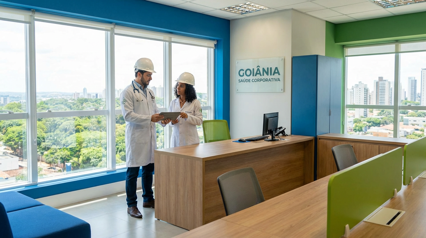 Médico e Engenheiro de Segurança em escritório moderno em Goiânia